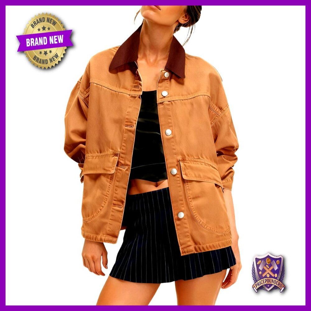 Oversized Denim Jacket Retro Contrast Collar Button Down Lightweight Layering